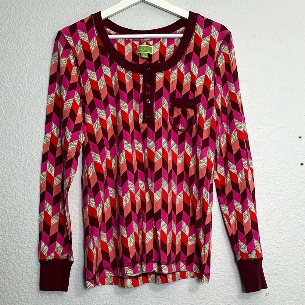 Vera Bradley Pink Red Chevron‎ Long Sleeve Pajama Top Large Loungewear Sleep